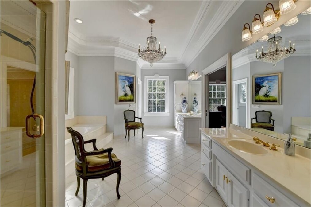 Primary bathroom before renovation, wide view