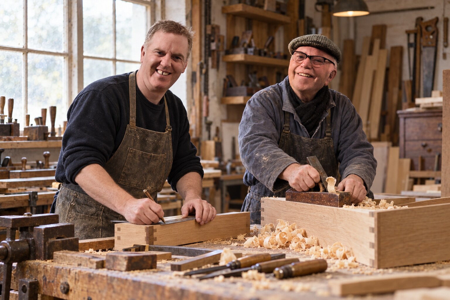 Reimagined workshop portrait of father and grandfather, created from family photographs