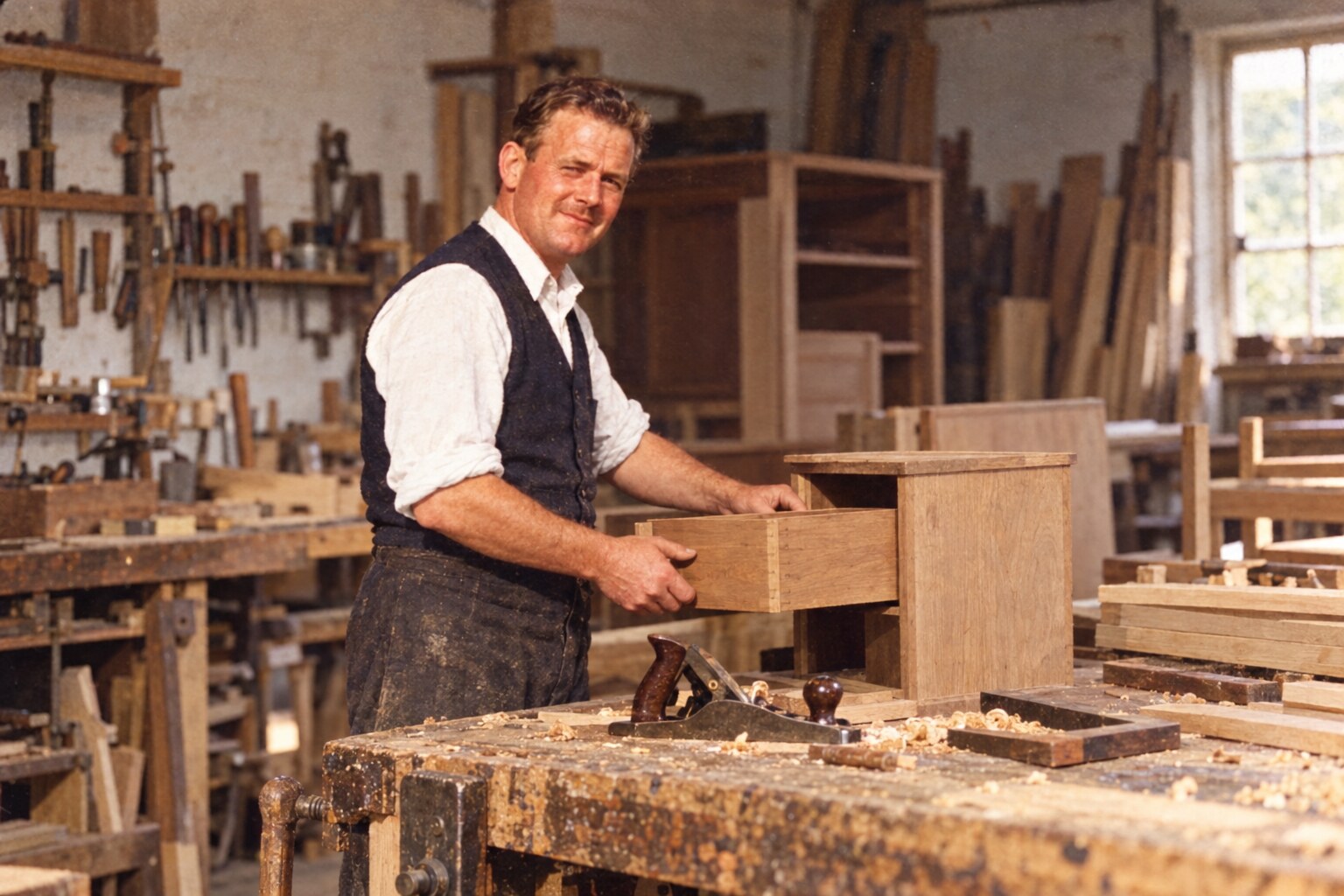 Reimagined portrait of grandfather as a young cabinetmaker fitting a cabinet drawer